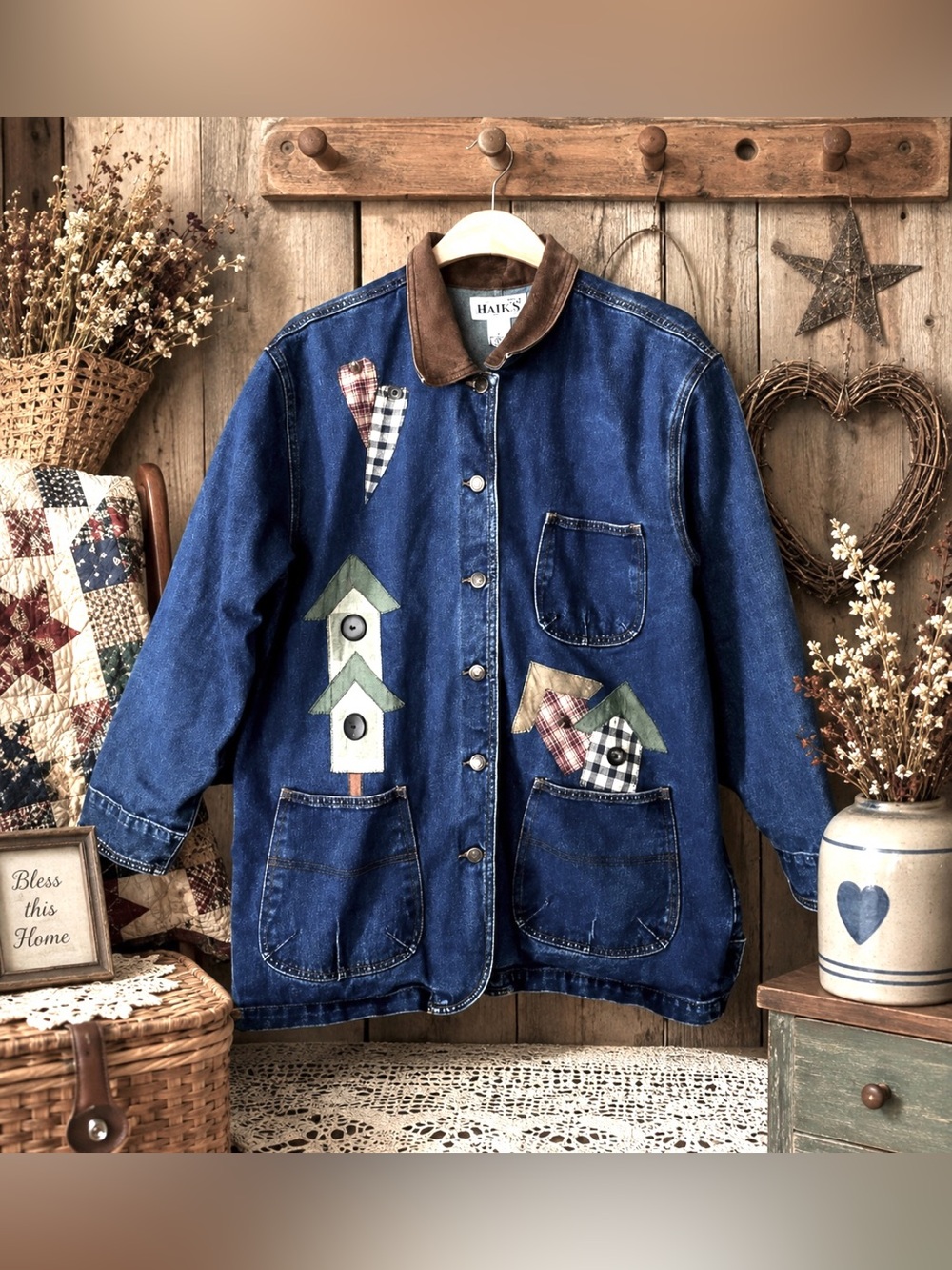 Vintage Haiks Women's Blue Denim Chore Jacket with Appliqué Birdhouse Motif/Lg